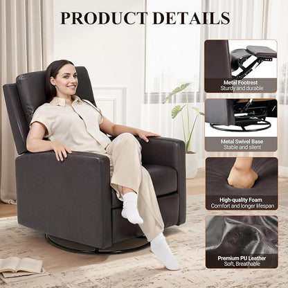 COLAMY Recliner Chair Set of 2, PU Leather 360° Swivel Rocker Recliner, Nursery Glider Recliner with Ergonomic High Backrest and Upholstered Deep Seat for Living Room, Bedroom, Color Chocolate