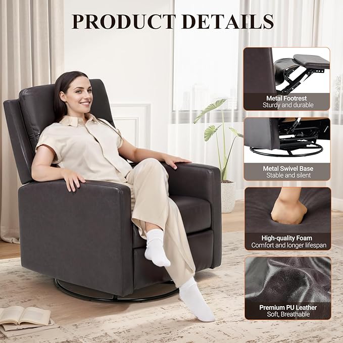 COLAMY Recliner Chair, PU Leather 360° Swivel Rocker Recliner, Nursery Glider Recliner with Ergonomic High Backrest and Upholstered Deep Seat for Living Room, Bedroom, Color Chocolate