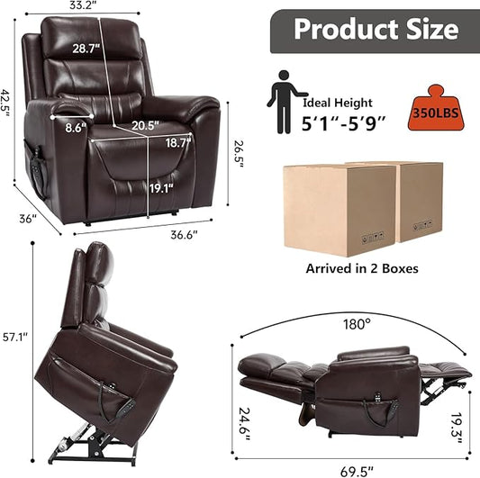 PELUMY Power Lift Recliner Chair for Elderly with Massage and Heat, Dual Motor Heavy Duty 350lbs Recliner, 8-Point Vibration & Lumbar Heating, Electric Lift Chair (Breathable Leather, Dark Brown)
