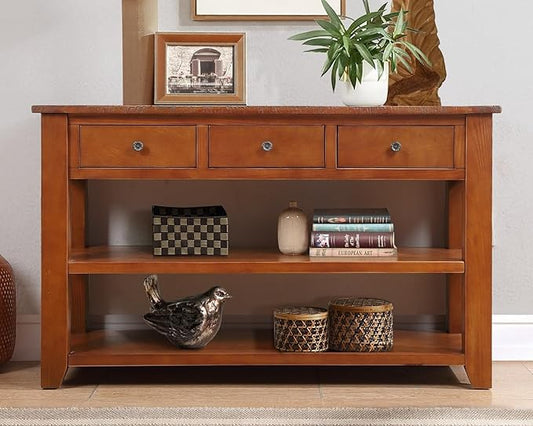 LKTART Solid Wood Console Table Entryway Table with Storage Drawers and Bottom Shelf Sofa Table for Entry Hallway Foyer Sofa Couch Table,Easy Assembly (48.8" Brown)
