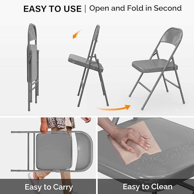 VINGLI Folding Chairs All Steel Metal Frame, Capacity 350 lbs, Durable Portable and Versatile for Indoor Outdoor Use, Gray, Set of 8