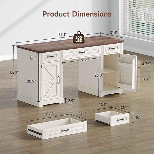 ONBRILL 59 inch Farmhouse Executive Desk with Drawers, Home Office Desk with File Cabinet, Outlets, Storage Cabinet, Keyboard Tray, Wood Computer Desk for Work Study Writing (Off White & Walnut)