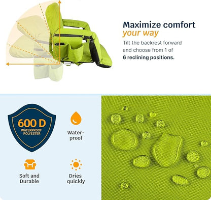 Alpcour Heated Reclining Stadium Seat for Bleachers – Wide Bleacher Chair with Back Support and Cushion, Armrests, Side Pockets, & Hook – Stadium Seats Chairs for Camping, Kayak, Paddle Board & More