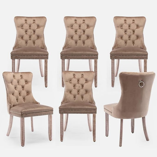 Velvet Upholstered Dining Chairs Set of 6, Modern Style Kitchen Side Chairs with Nailhead Trim and Wood Legs,Metal Pulling Ring for Dining Room Living Room(Khaki,Set of 6)