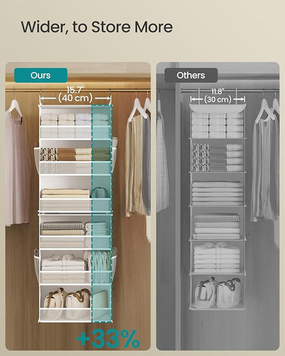 SONGMICS Hanging Closet Organizer, 6-Tier Fabric Storage Shelf, Separable Closet Hanging Shelf with Side Pockets, Foldable, Metal Hooks and Bamboo Inserts, Cloud White URCH007W01