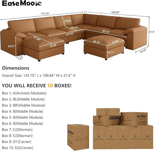 EASE MOOSE Modular Sectional Sofa, Oversized Faux Leather Sectional with Ottoman, Wide Deep Modular Couch, Scratch Resistant Faux Leather Material, U Shaped Couch for Big Spaces, Brown