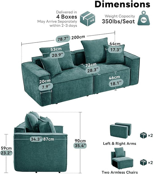 WILLOVE Modular Sectional Sofa Set, Chenille Cloud Couch with Wide Armrests & 8 Pillows, Deep Seat Couches for Living Room, 4-Seater Green