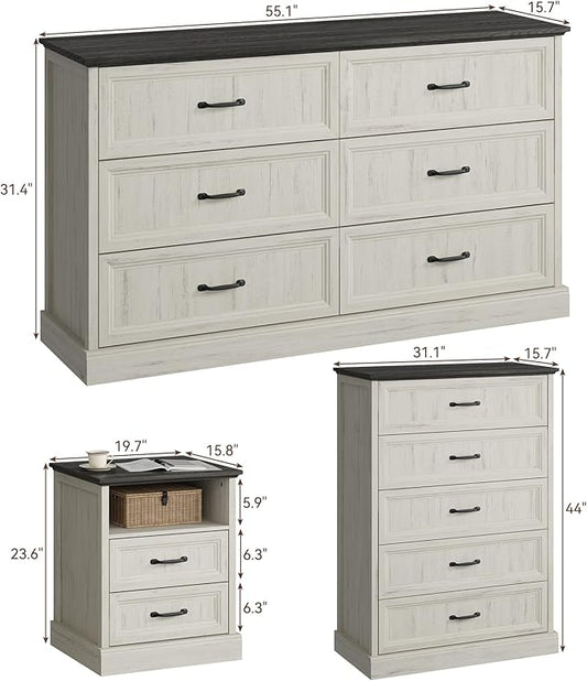 CARPETNAL Farmhouse Dresser and Nightstand Sets for Bedroom, 4 Pcs Bedroom Set, 5 Drawer & 6 Drawer Dresser and Nightstand Set of 2, Wood Chest of Drawers for Living Room, Entryway, White