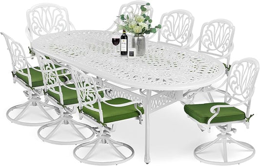 MEETWARM 9-Piece Outdoor Patio Dining Set, All-Weather Cast Aluminum Patio Conversation Set for Backyard Garden Deck with 8 Cushioned Swivel Rocker Chairs, 1 Oval Table, 2" Umbrella Hole, White