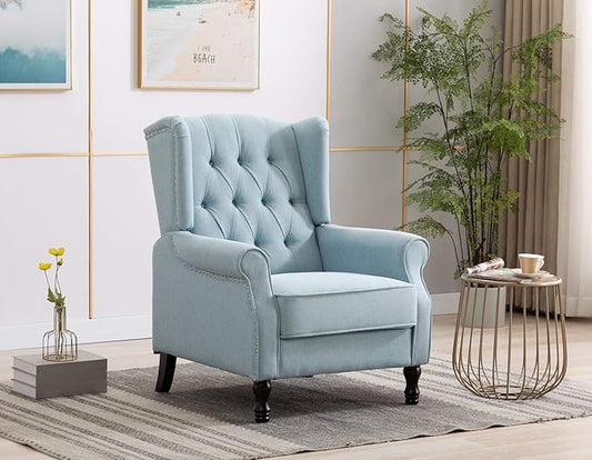Artechworks Winged Fabric Modern Accent Chair Tufted Arm Club Chair Linen Single Sofa with Wooden Legs Comfy Upholstered for Reading Living Room Bedroom Office,Light Blue