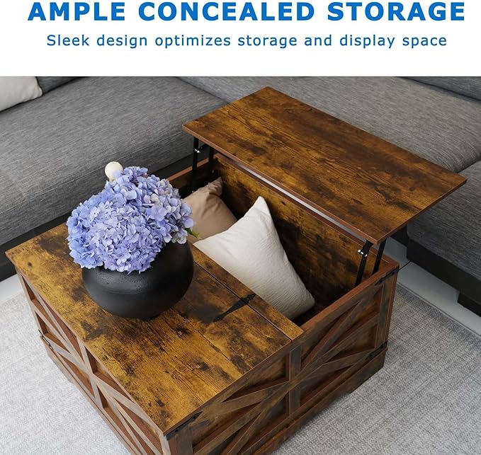 Farmhouse Coffee Table Set of 3, 1 Lift Top Coffee Table with Sliding Barn Doors and 2 End Tables with Charging Station, Living Room Table Set for Home Office, Brown
