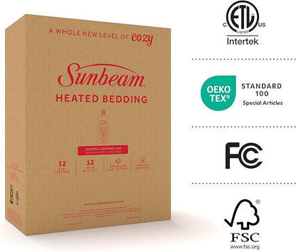 Sunbeam Electric Heated Mattress Pad Soft Cozy Fabric Fast Heating 12 Heat Settings 12-Hour Auto Shut-Off Deep Pocket Skirt Machine Washable Full 75" x 54"