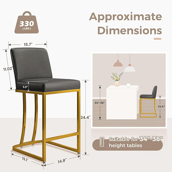 MAISON ARTS Counter Height Bar Stools with Back Set of 4 for Kitchen Counter, 24 Inch Modern Upholstered Faux Leather Barstools Farmhouse Bar Chairs Luxury Island Stools Support 330LBS, Grey & Gold