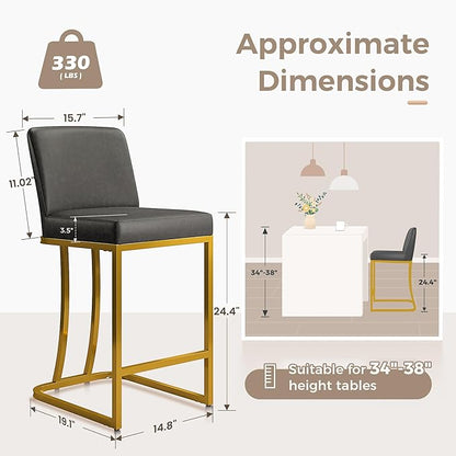MAISON ARTS Counter Height Bar Stools Set of 3 with Back for Kitchen Counter 24 inch Modern Gold Barstools Upholstered Faux Leather Farmhouse Bar Chairs Island Stools Support 330LBS, Grey+Gold