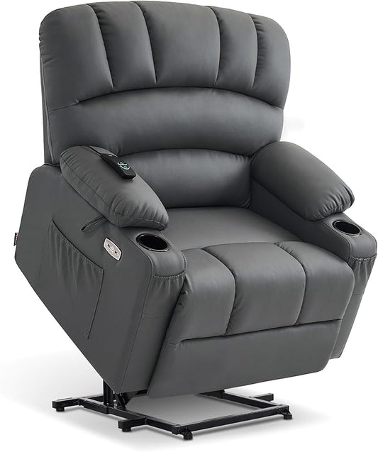 MCombo Power Lift Recliner Chair for Elderly, Lift Chair with Heat and Massage, Extra Wide Lift Recliner for Big People, Faux Leather R7096 (Medium-Wide, Grey)