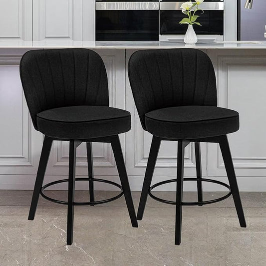 MINCETA Bar Stools Set of 2, 26 Inch Upholstered Barstools with Backrest and Footrest, Swivel Counter Height Barstools for Kitchen Island Home Bar Black
