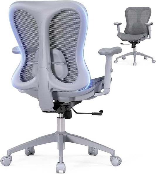 Ergonomic Office Desk Chair, Comfortable Computer Gaming Chair, Breathable Mesh Back & Seat, Adjustable Armrest, Lumbar Support, Butterfly Design for Home Office (Gray)