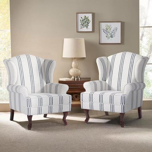 Pia Ricco Set of 2 Stripe High Back Accent Chairs: Upholstered Fabric Armchairs with Solid Wood Legs - Retro Living Room Pair, Comfy Reading Sofa Seats-Navy