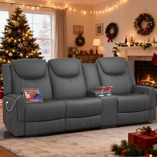 Recliner Sofa, 2 - Way Multi - Function Manual 3 Seater Couch with Cup Holders, Storage & USB Ports, Modern Multifunctional Sofa, Breathable Grey PU Leather Reclining Couch for Living Room