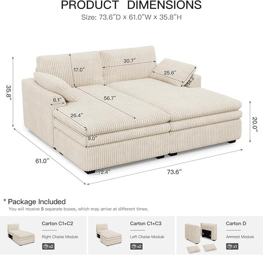 Belffin Large Modular Sectional Sofa with Deep Chaise, 73.6" Corduroy L Shaped Couch with 9" Soft Dual-Layer Seats Cushion for Living Room, Apartment, Beige