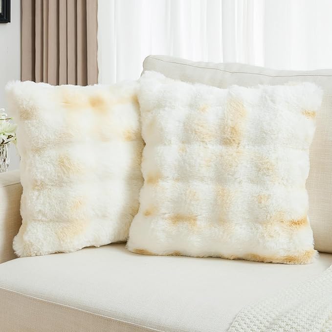 FUTEI Yellow White Decorative Throw Pillow Covers 22x22 Inch Set of 2,Soft Fuzzy Faux Rabbit Fur Cushion Covers with Raised Texture,Neutral Boho Home Decor for Couch Bed Living Room