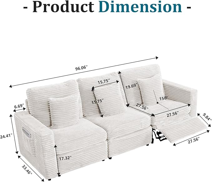 ORRD Power Reclining Sectional Sofa, Electric 3 Seat Recliner with 1 Electric Footrest and Adjustable Headrest, Modern Plush Corduroy Fluffy Reclining Sectional with Deep Seat for Living Room-White