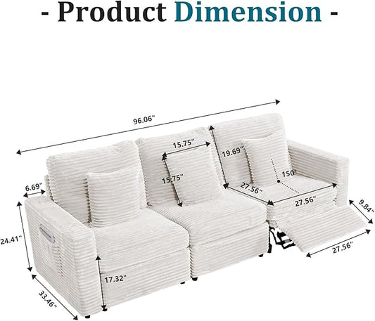 ORRD Power Reclining Sectional Sofa, Electric 3 Seat Recliner with 1 Electric Footrest and Adjustable Headrest, Modern Plush Corduroy Fluffy Reclining Sectional with Deep Seat for Living Room-White