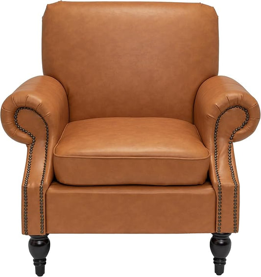 Accent Chair,22.4" Seat Depth Armchair with Roll Arms,36.6W*34.3D*34.6H Living Room Chair,Wood Legs,Set of 1,Faux Leather in Brown