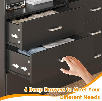 Bigbiglife 6 Drawers Dresser for Bedroom with Open Storage Cubby, Double Wide Dresser Organizer for Bedroom, Living Room, Entryway, Hallway (Black)