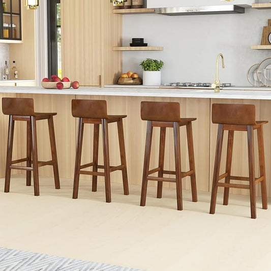 COSTWAY Solid Wood Bar Stools Set of 4, 29-inch Counter Height Chairs with Low Back and Footrest, Farmhouse Wooden Armless Barstools for Kitchen Island, Dining Room, Cafe, Breakfast, Brown