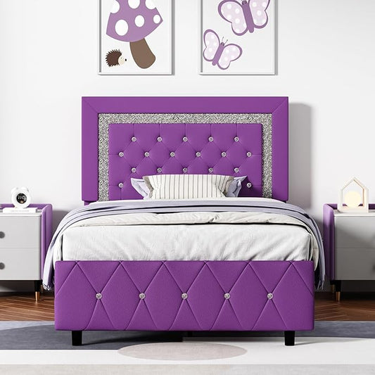 BarnFurin Twin Bed Frame with Headboard, Upholstered Bed with Diamond Tufted Design, No Box Spring Needed, Wooden Slats Support, Easy Assembly, Purple