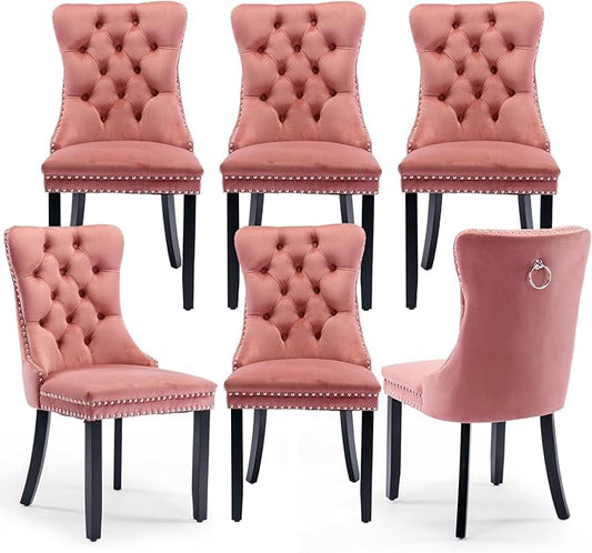 Velvet Upholstered Dining Chairs Set of 6, Modern Style Kitchen Side Chairs with Nailhead Trim and Wood Legs,Metal Pulling Ring for Dining Room Living Room(Pink)
