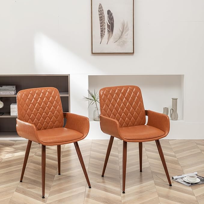 LUNLING Mid Century Modern Dining Room Chairs Set of 2 Accent Faux Leather Kitchen Chair Bentwood Frame with Armrest,Upholstered Seat,Metal Legs Chairs,Adjustable Foot for Kitchen Dining Desk(Orange)