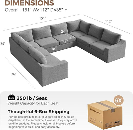 ABCASA Oversized 136" Modular Sectional Sofa, Deep Seat U Shaped Couches for Living Room, Breathable Linen Fabric Corner Couch, Easy to Assemble, Grey
