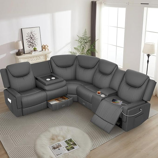 Home Theater Seating, Manual Recliner Sectional Sofa for Living Room, 5 Seater Reclining Sectional Couch with Flip-Up Backrest, Storage Console, USB Ports, L-Shaped Sofa PU Leather Gray