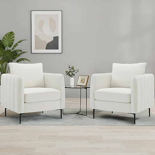 Velvet Accent Chairs Set of 2, Comfy Upholstered Single Sofa Chair Mid-Century Modern Armchair with Thick Cushion and Wood Frame Side Chair for Living Room Bedroom Apartment (Ivory)