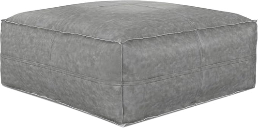 SIMPLIHOME Brody 30-inch Wide Large Square Coffee Table Pouf in Distressed Grey, Vegan Faux Leather Ottoman, Footrest, or Extra Seating for Living Room, Assembled