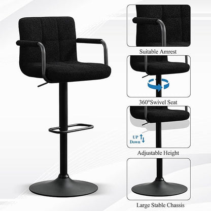 Furniliving Adjustable Bar Stools with Armrest, Square Back Sherpa Fabric Hydraulic Kitchen Counter Bar Stool, Luxurious Swivel Double Stitching Bar Chairs,Set of 2