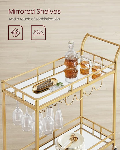 VASAGLE Bar Cart Gold, Home Bar Serving Cart, Wine Cart with 2 Mirrored Shelves, Wine Holders, Glass Holders, for Kitchen, Dining Room, Gold ULRC090A03