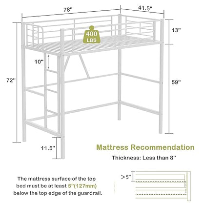 VECELO Metal Loft Bed Twin Size, Heavy Duty Bedframe with Removable Ladder and Safety Guardrail, Space-Saving, Noise Free, No Box Spring Needed, Off White