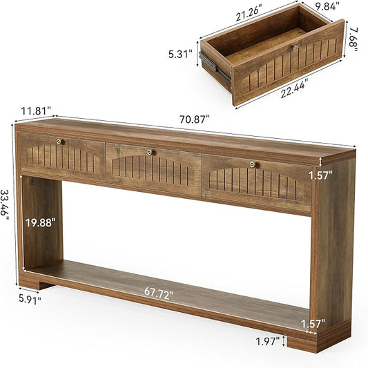 LITTLE TREE 70.8-Inch Long Console Table with 3 Drawers, Farmhouse Narrow Entryway Table for Hallway, Entry, Behind Couch, Sofa, Entrance, Living Room, Foyer with Open Shelves Rustic Brown
