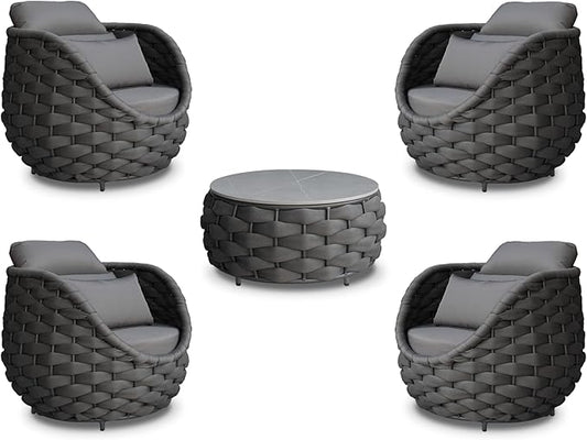 Front Porch Furniture 5 Piece Set: Aluminum Woven Rope Patio Conversation Sofa Set - Assembled Accent Chair Cushioned - Outdoor Armchair Couch Set for 400 lbs Deck Backyard Poolside Garden Hotel