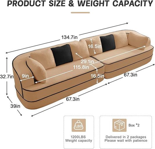 Cloud Sectional Sofa Modern Boneless Couch for Living Room, Comfy Deep Seat Comfy Teddy Fabric Double Sofa Chaise No Assembly Required (Camel, 135"- 4 Seater)