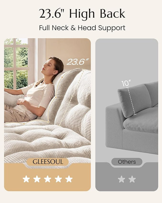 High Back Boneless Couch, L Shaped Cloud Couch with Versatile 2-Pack Pillow Blankets, Corduroy Modular Sectional Sofa with Ottoman, No Assemble Sectional Couches for Living Room, Warm White