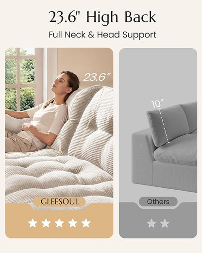 High Back Boneless Couch, Loveseat Cloud Couch with Versatile 2-Pack Pillow Blankets, Corduroy Modular Sectional Sofa, No Assemble Sectional Couches for Living Room, Warm White