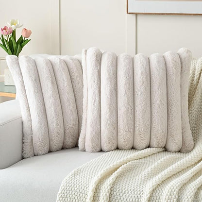 FUTEI Beige Decorative Throw Pillow Covers 26x26 Inch Set of 2, Square Soft Faux Rabbit Fur Thick Striped Euro Pillow Shams,Winter Home Decor for Couch Bed Living Room