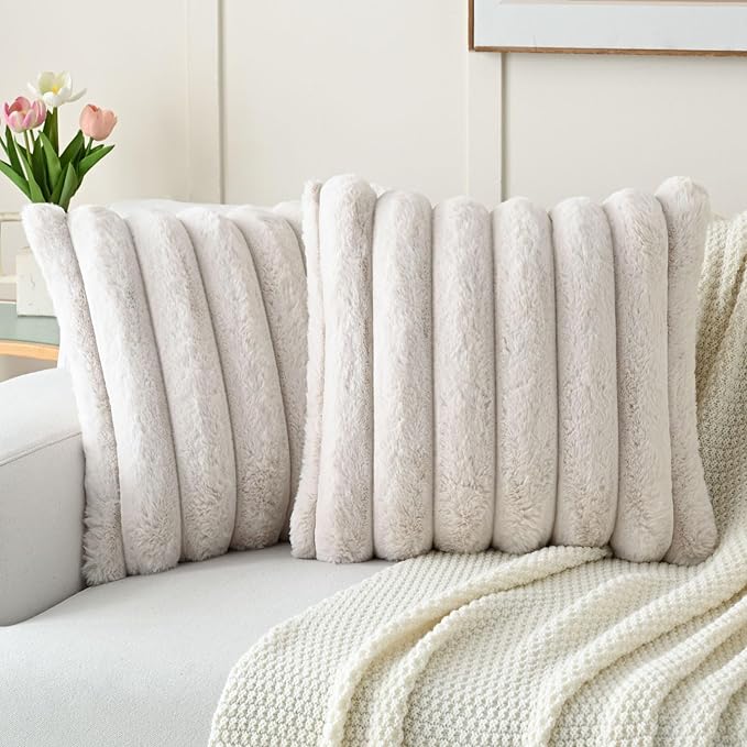 FUTEI Beige Decorative Throw Pillow Covers 16x16 Inch Set of 2, Square Soft Faux Rabbit Fur Thick Striped Cushion Cover,Winter Home Decor for Couch Bed Living Room