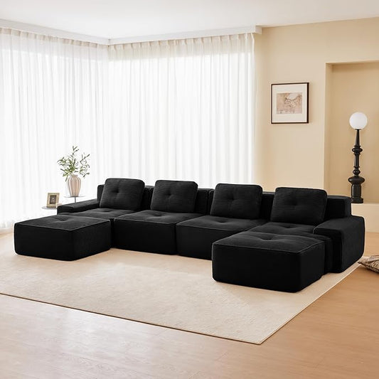 150.4” Black Boneless Couches for Living Room, Modular Sectional Sofa with U-Shape Chaise, 4 Seater Comfy Upholstered Deep Seat Corduroy Fabric Cloud Couch No Assembly, Anti-Slip Design