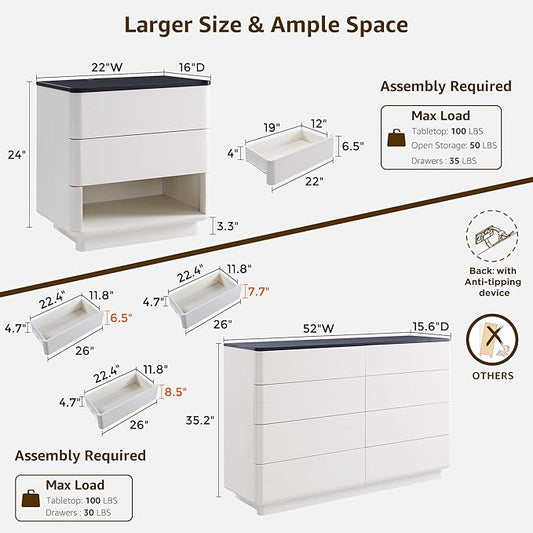 ACCOHOHO Modern Bedroom Set, 3 Pieces Bedroom Furniture Set, Wood 8 Drawer Dresser and Nightstands Set of 2, Chest of Drawers Wide Storage Organizer Cabinet for Bedroom, White