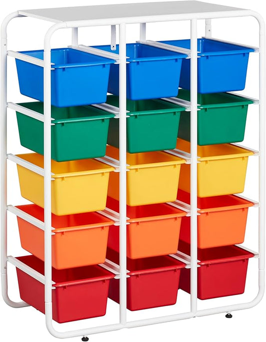 ECR4Kids 5-Tier Storage Rack with 15 Cubby Bins 5x3, Multipurpose Organization, Assorted